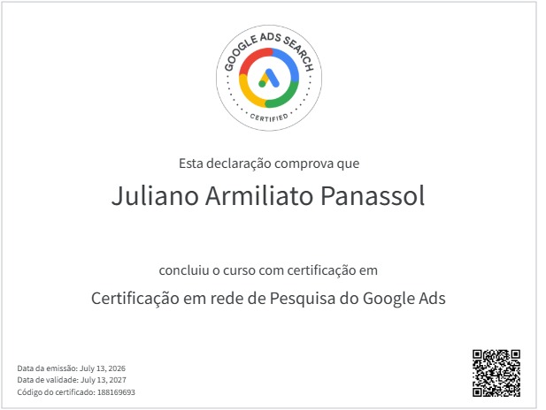 Certificado Oficial Google Ads - Juliano Armiliato